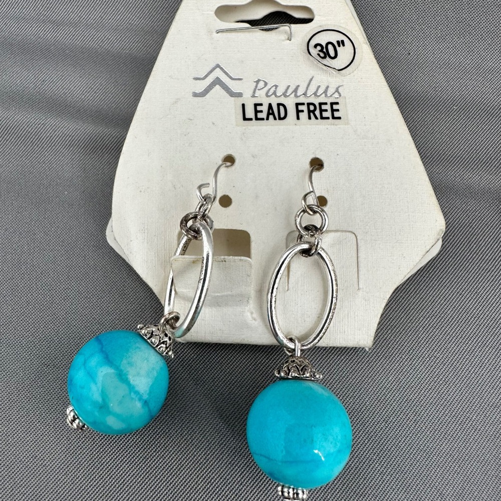 Southwest Paulus Silver Tone Turquoise Marbled Bead Necklace Earring Set 30 Inch - Picture 2 of 10
